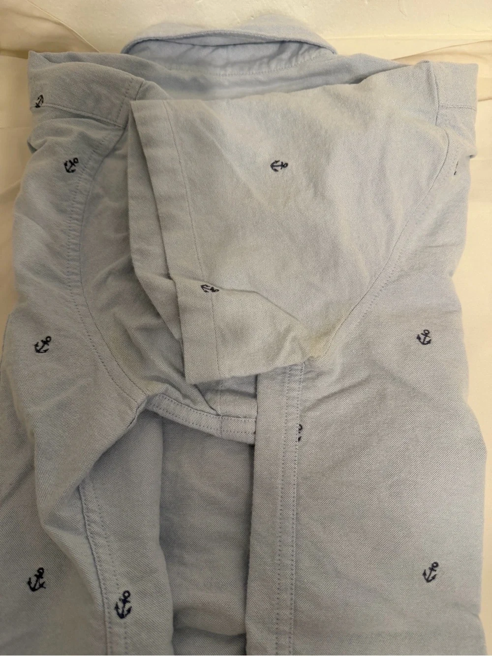 J. Crew Light Blue Short-Sleeve Button-Down with Navy Anchor Embroidery
